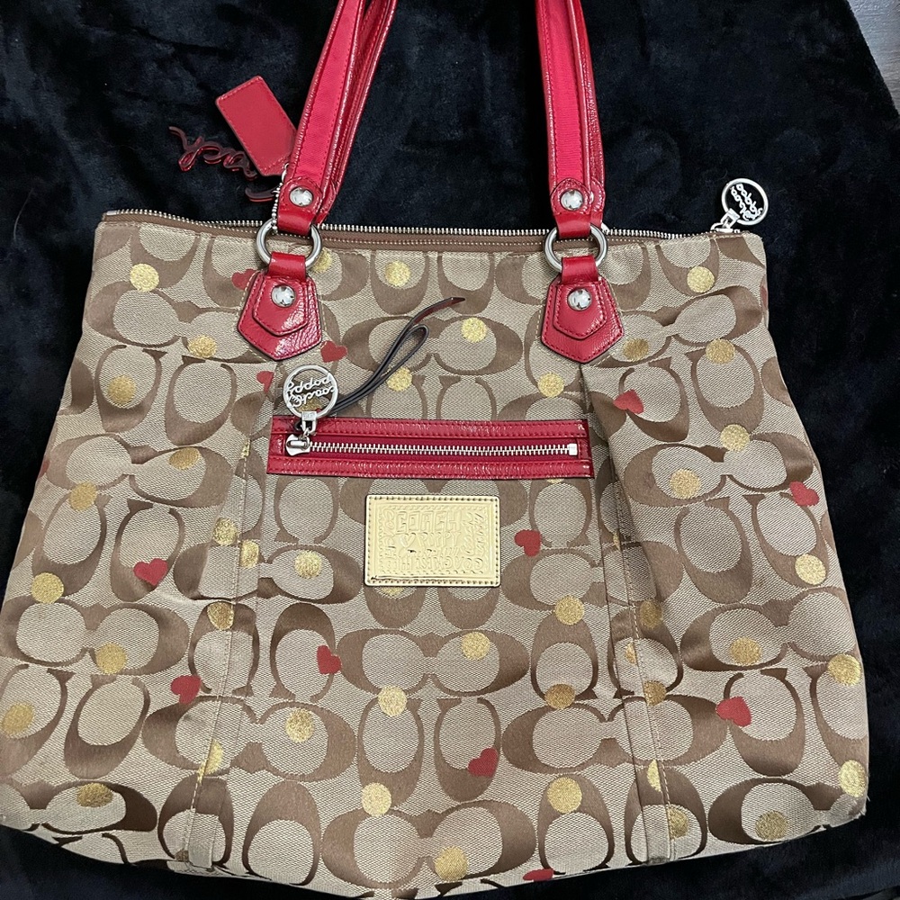 Coach Red and Brown Signature Tote with Leather Straps